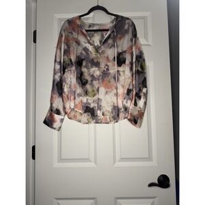 Fun2fun Long Sleeve Floral Satin V Neck Tie Neck Blouse Top Medium Multicolor